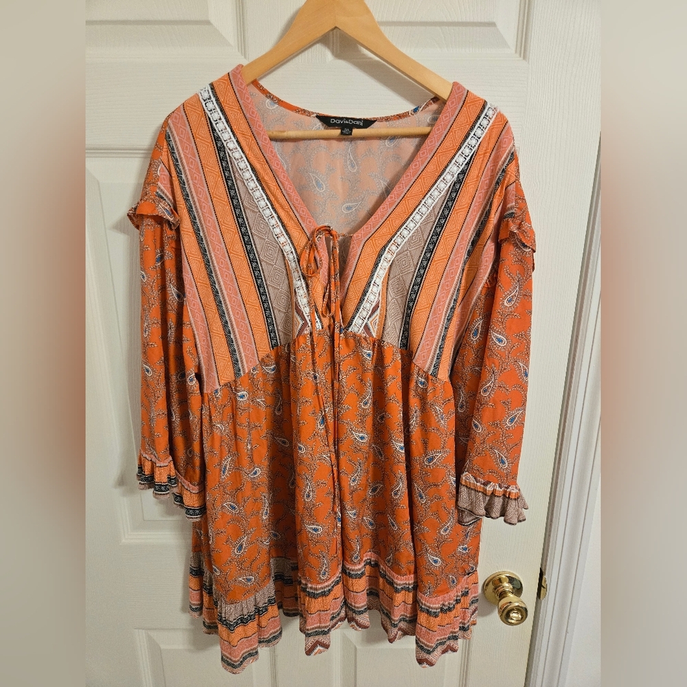 Davi & Dani Orange Paisley Women's Top Boho Hippie With Pockets Size 2XL